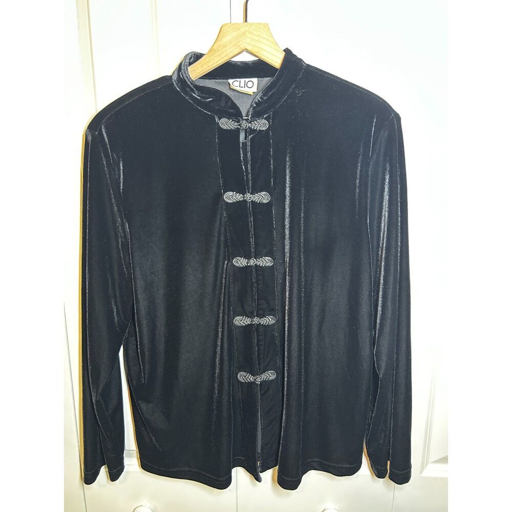 Vintage 90s CLIO Black Velvet Mandarin Collar Frog Closure Jacket Blouse L